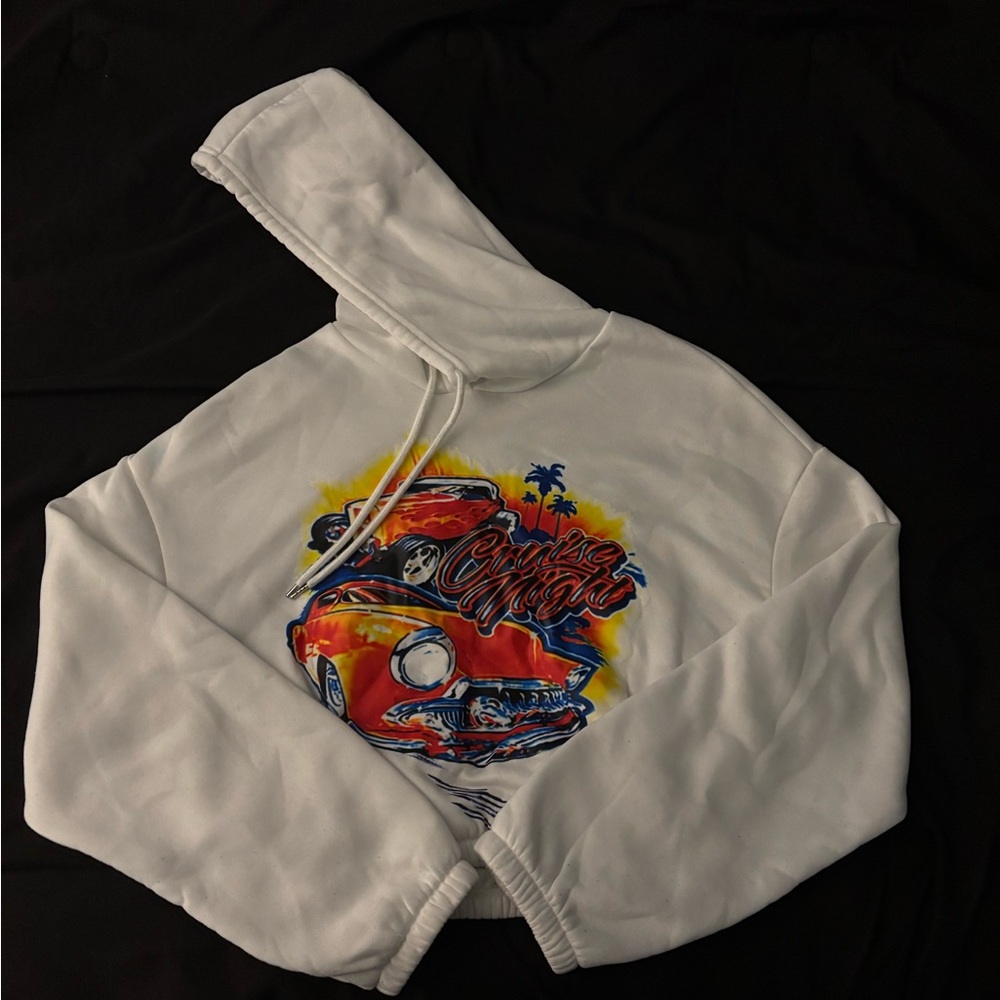 White Hoodie with Colorful Car Graphic